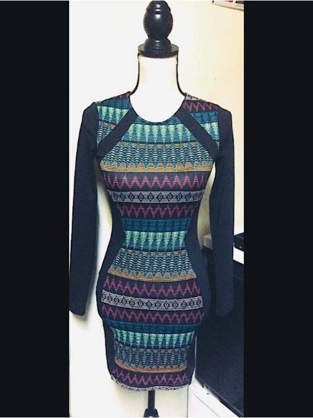 Bodycon Dress: Black w/ Multicolored Zagging Stripes: Long Sleeve, Sz. 2